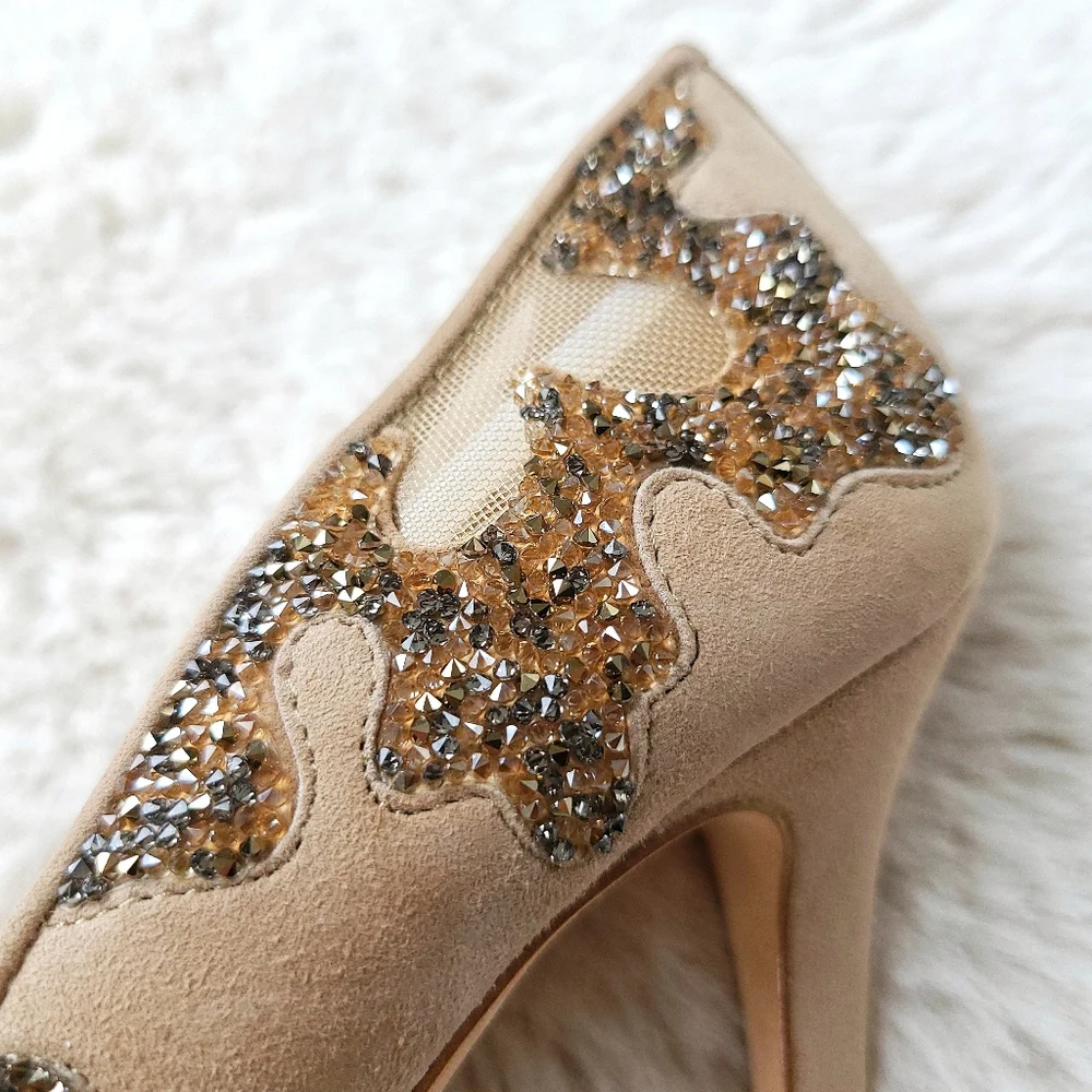 Jimmy Choo Karmel 120 Nude Suede Crystal Wedding Occasion Pointy Toe Mesh Pump - Picture 8 of 16
